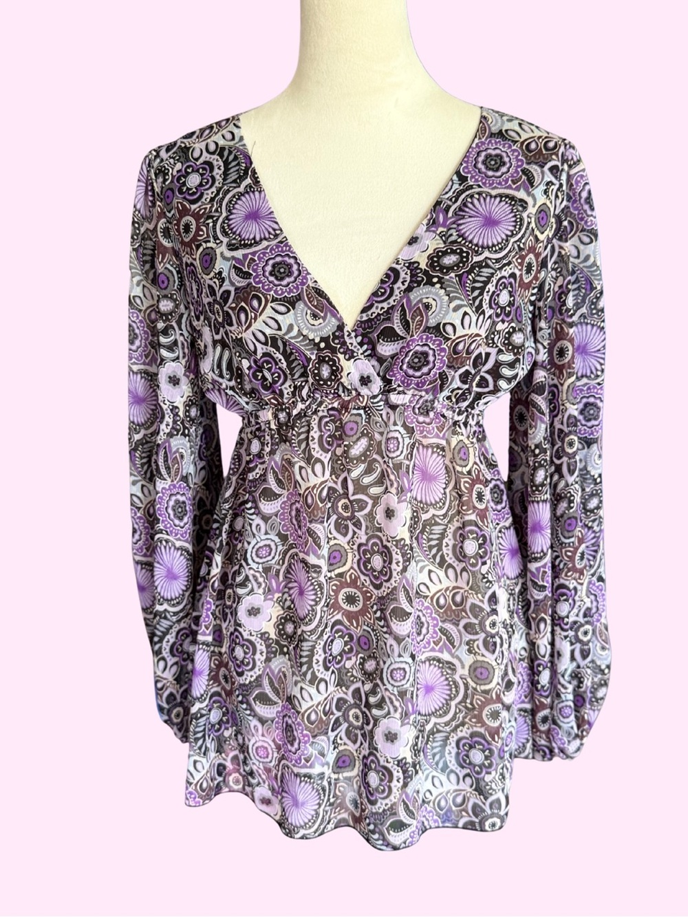 Vintage Y2K Wet Seal Purple Floral V-Neck Sheer Tunic
